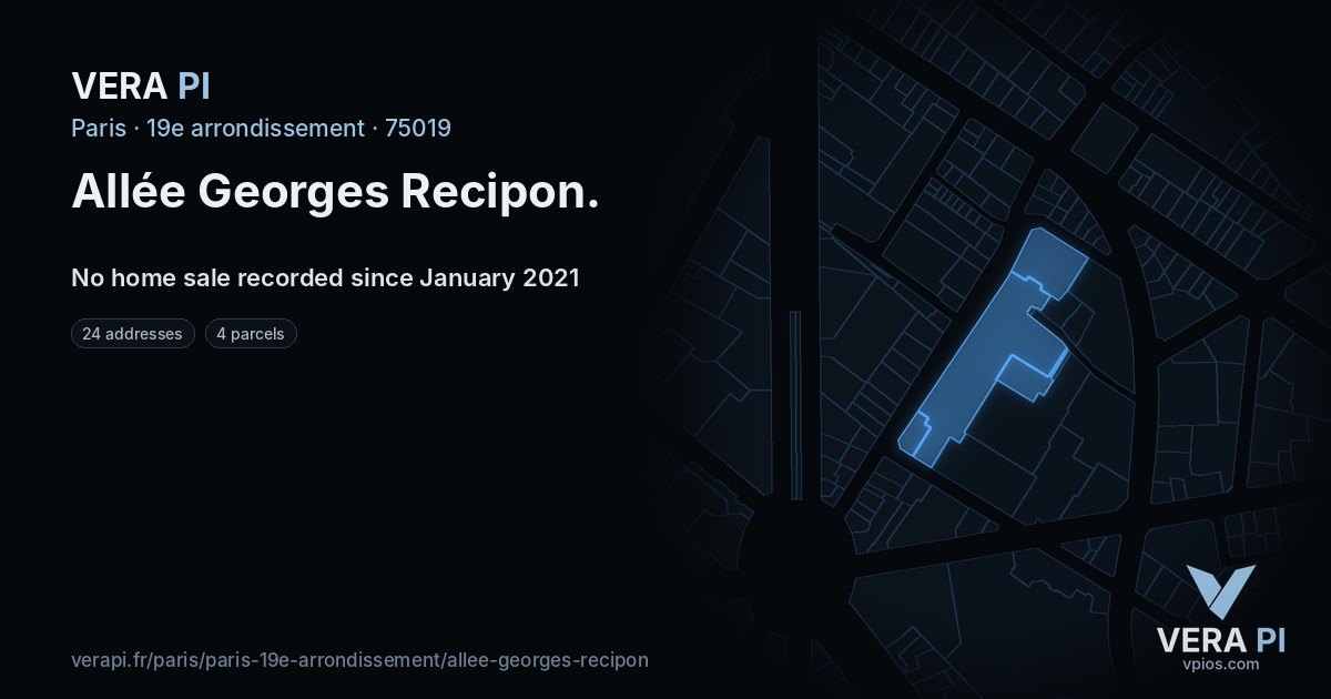 Allée Georges Recipon, 19e arrondissement at night – every parcel coloured by the prices around it, the street's own parcels lit