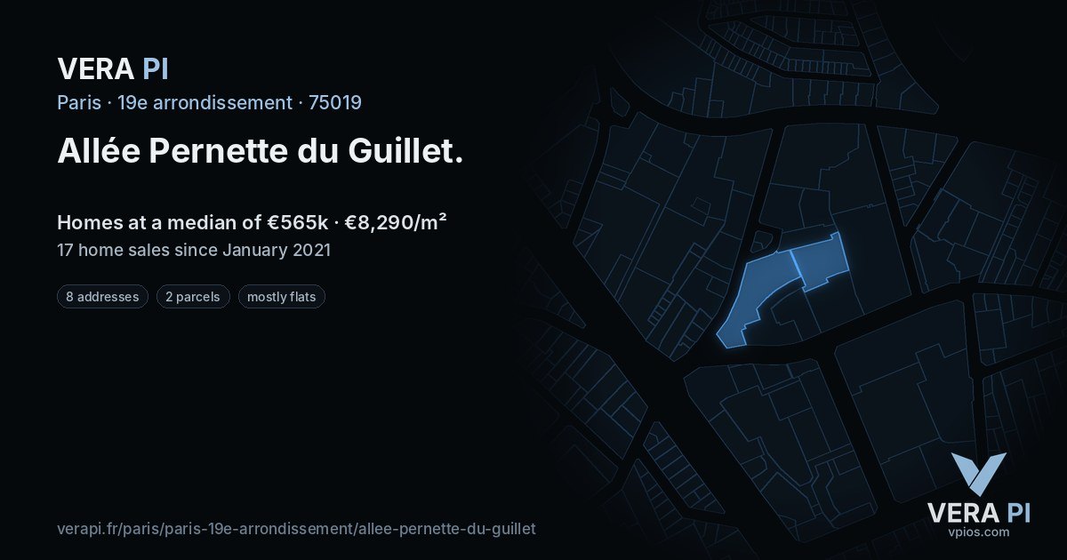 Allée Pernette du Guillet, 19e arrondissement at night – every parcel coloured by the prices around it, the street's own parcels lit