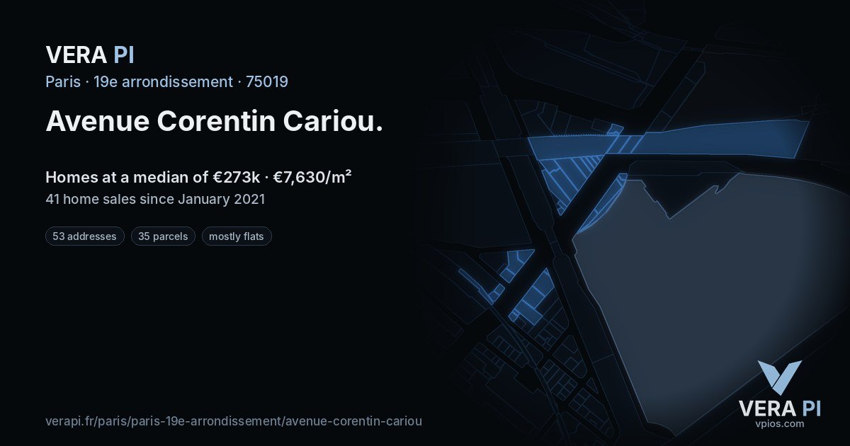 Avenue Corentin Cariou, 19e arrondissement at night – every parcel coloured by the prices around it, the street's own parcels lit