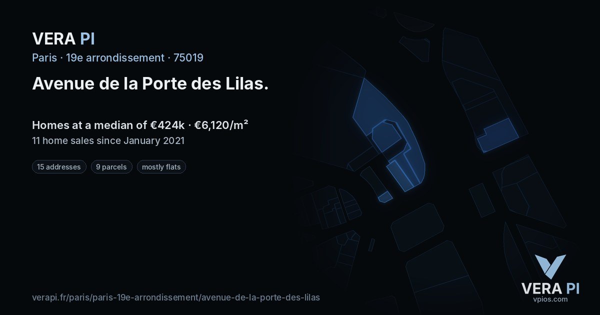 Avenue de la Porte des Lilas, 19e arrondissement at night – every parcel coloured by the prices around it, the street's own parcels lit
