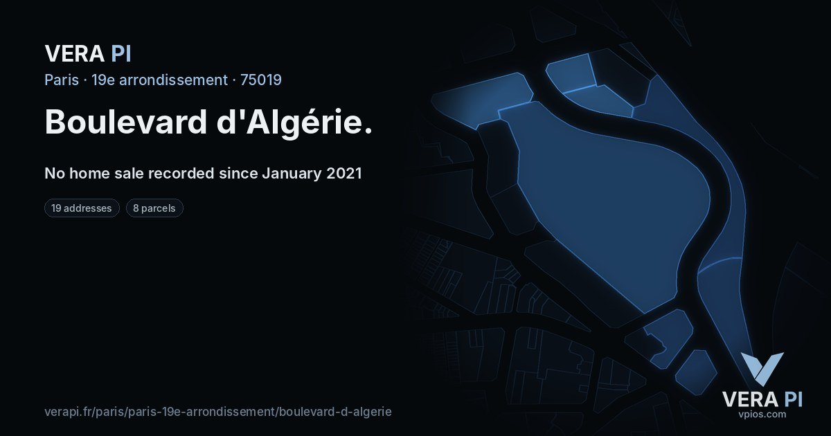 Boulevard d'Algérie, 19e arrondissement at night – every parcel coloured by the prices around it, the street's own parcels lit