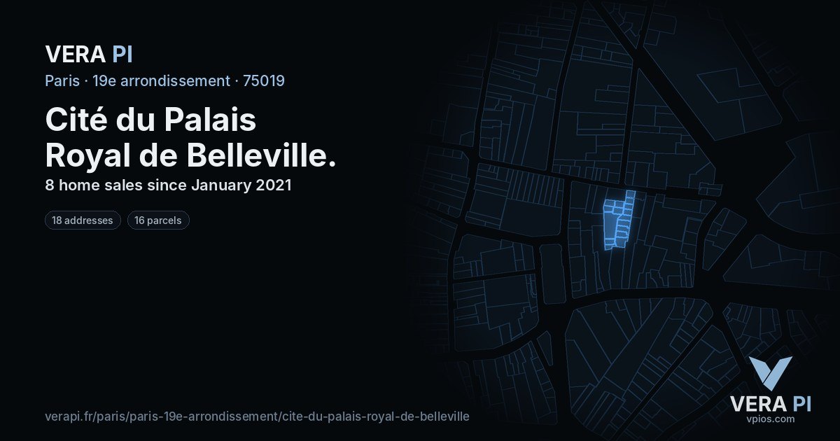 Cité du Palais Royal de Belleville, 19e arrondissement at night – every parcel coloured by the prices around it, the street's own parcels lit