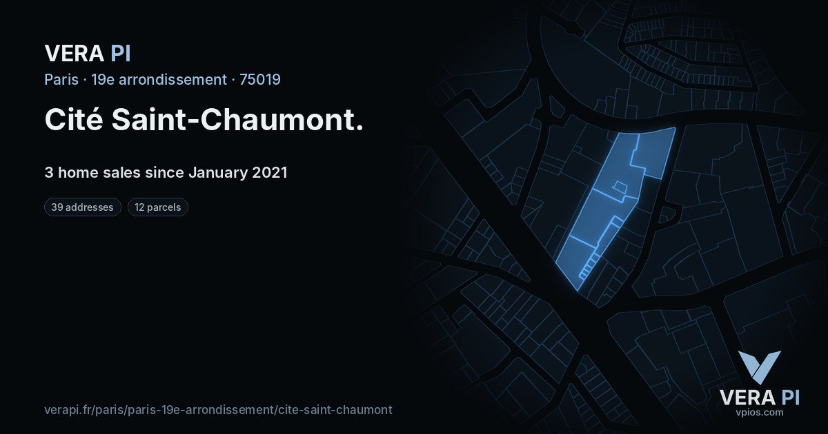 Cité Saint-Chaumont, 19e arrondissement at night – every parcel coloured by the prices around it, the street's own parcels lit