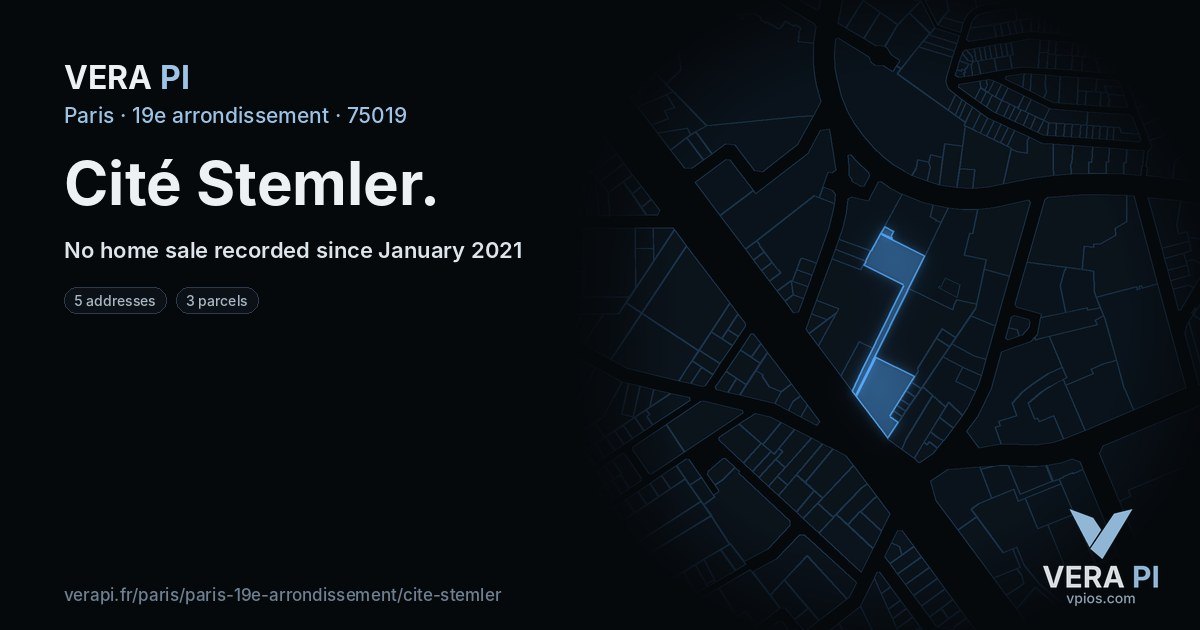 Cité Stemler, 19e arrondissement at night – every parcel coloured by the prices around it, the street's own parcels lit