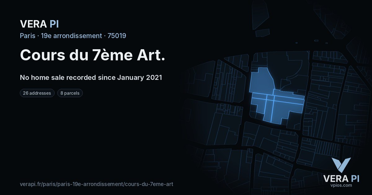 Cours du 7ème Art, 19e arrondissement at night – every parcel coloured by the prices around it, the street's own parcels lit