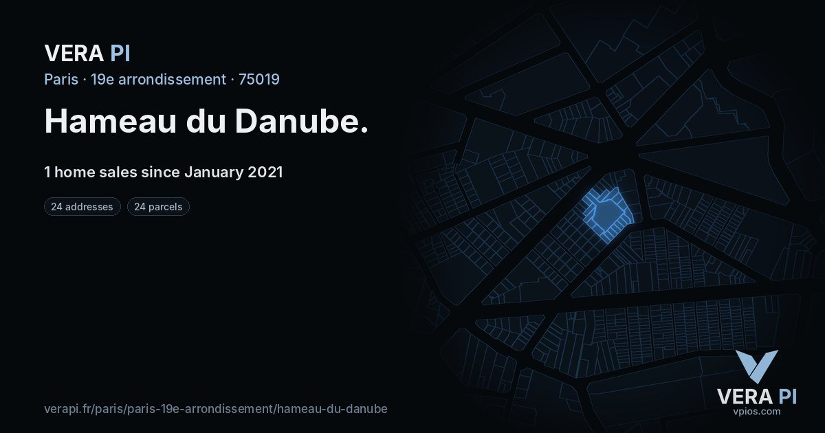 Hameau du Danube, 19e arrondissement at night – every parcel coloured by the prices around it, the street's own parcels lit