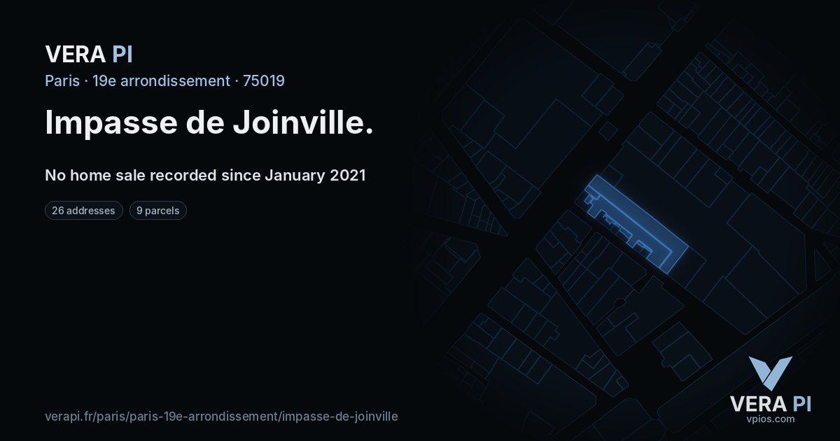 Impasse de Joinville, 19e arrondissement at night – every parcel coloured by the prices around it, the street's own parcels lit