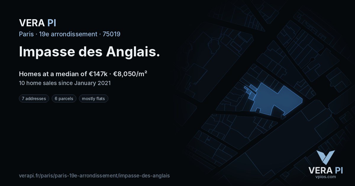 Impasse des Anglais, 19e arrondissement at night – every parcel coloured by the prices around it, the street's own parcels lit