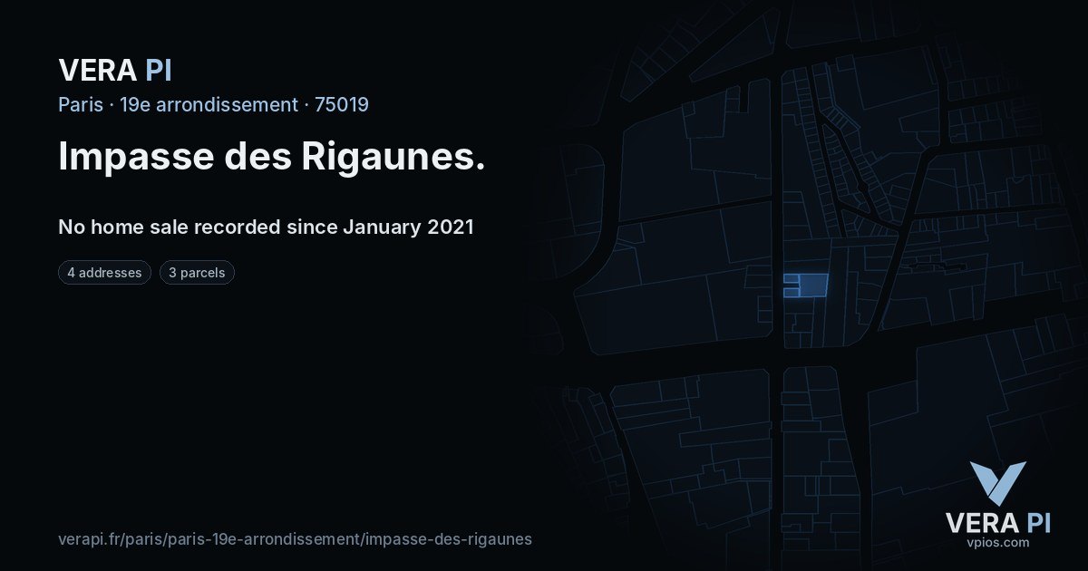 Impasse des Rigaunes, 19e arrondissement at night – every parcel coloured by the prices around it, the street's own parcels lit