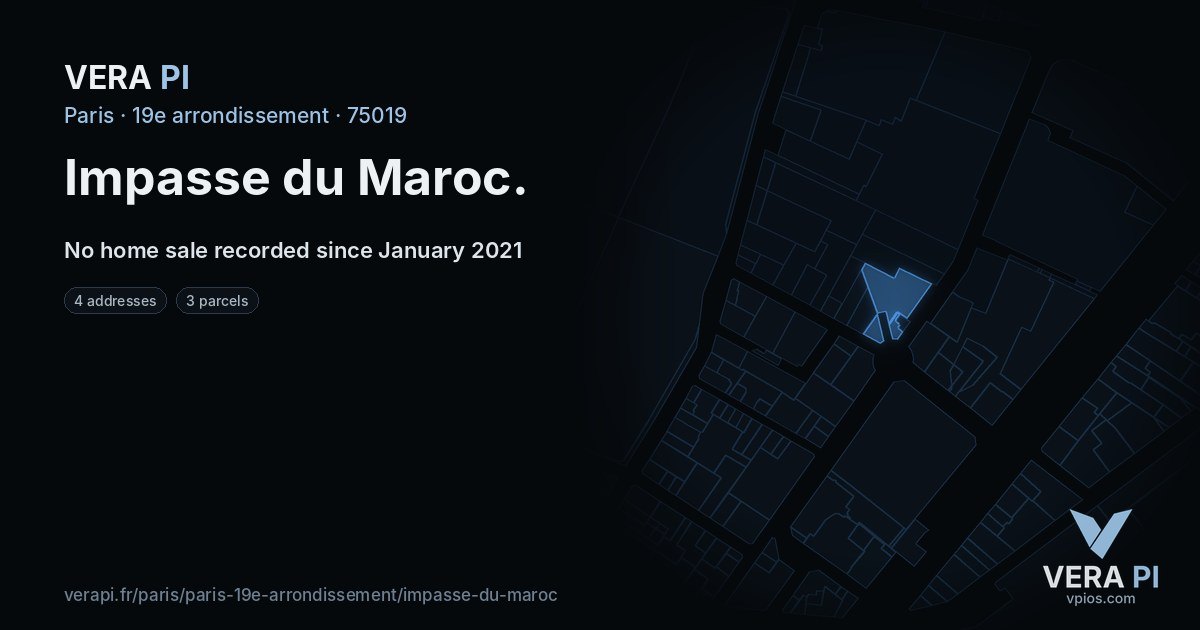 Impasse du Maroc, 19e arrondissement at night – every parcel coloured by the prices around it, the street's own parcels lit