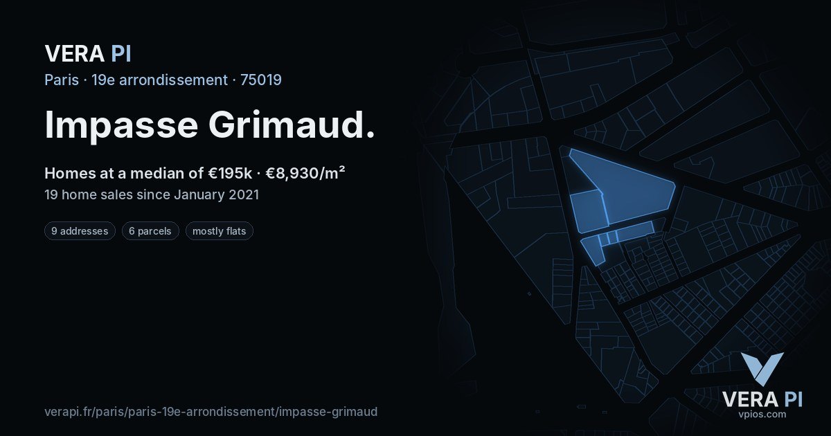 Impasse Grimaud, 19e arrondissement at night – every parcel coloured by the prices around it, the street's own parcels lit