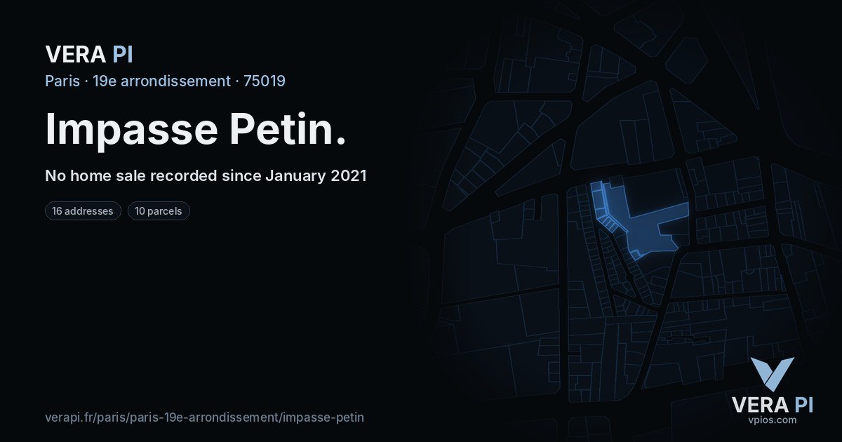 Impasse Petin, 19e arrondissement at night – every parcel coloured by the prices around it, the street's own parcels lit