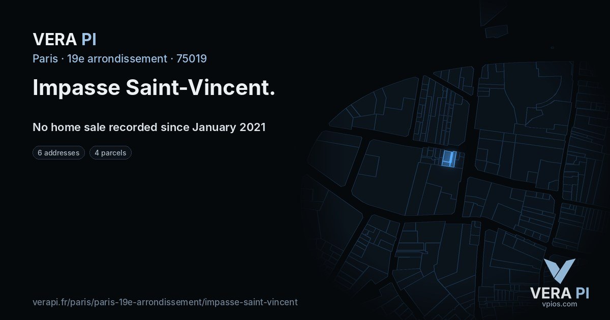 Impasse Saint-Vincent, 19e arrondissement at night – every parcel coloured by the prices around it, the street's own parcels lit