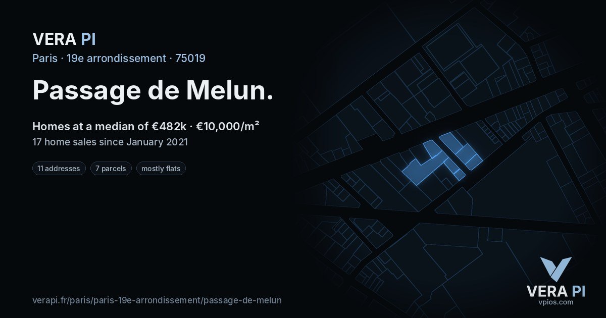 Passage de Melun, 19e arrondissement at night – every parcel coloured by the prices around it, the street's own parcels lit