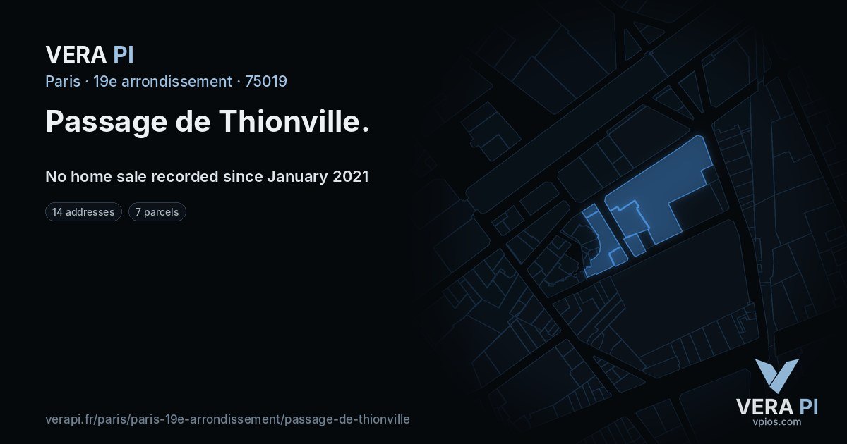 Passage de Thionville, 19e arrondissement at night – every parcel coloured by the prices around it, the street's own parcels lit