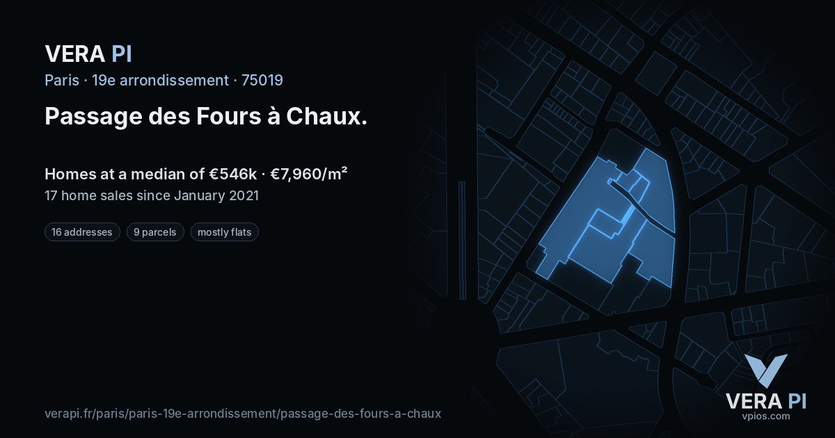 Passage des Fours à Chaux, 19e arrondissement at night – every parcel coloured by the prices around it, the street's own parcels lit