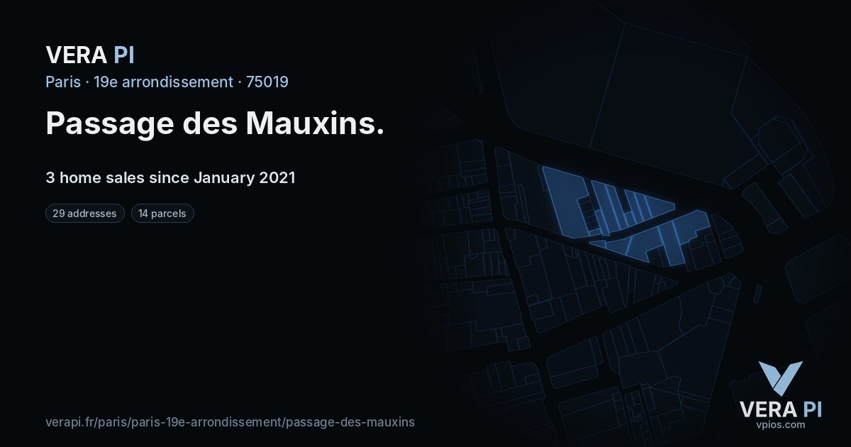 Passage des Mauxins, 19e arrondissement at night – every parcel coloured by the prices around it, the street's own parcels lit