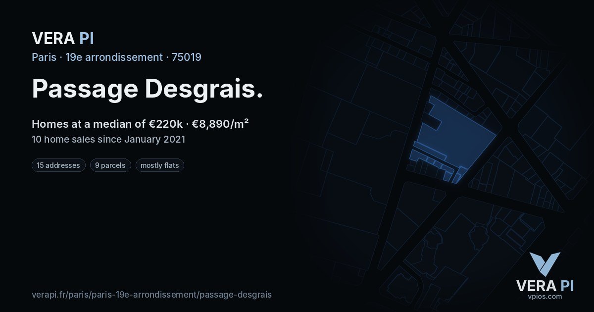Passage Desgrais, 19e arrondissement at night – every parcel coloured by the prices around it, the street's own parcels lit