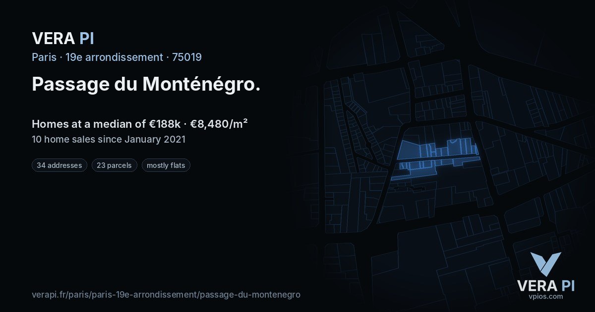 Passage du Monténégro, 19e arrondissement at night – every parcel coloured by the prices around it, the street's own parcels lit