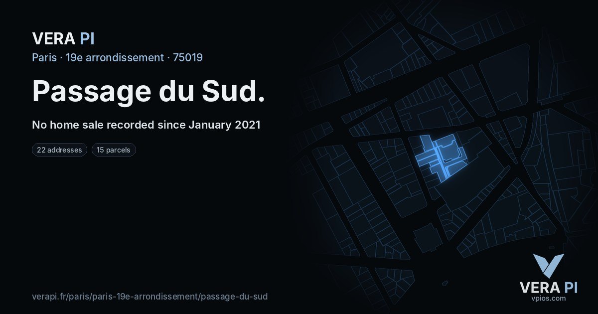 Passage du Sud, 19e arrondissement at night – every parcel coloured by the prices around it, the street's own parcels lit