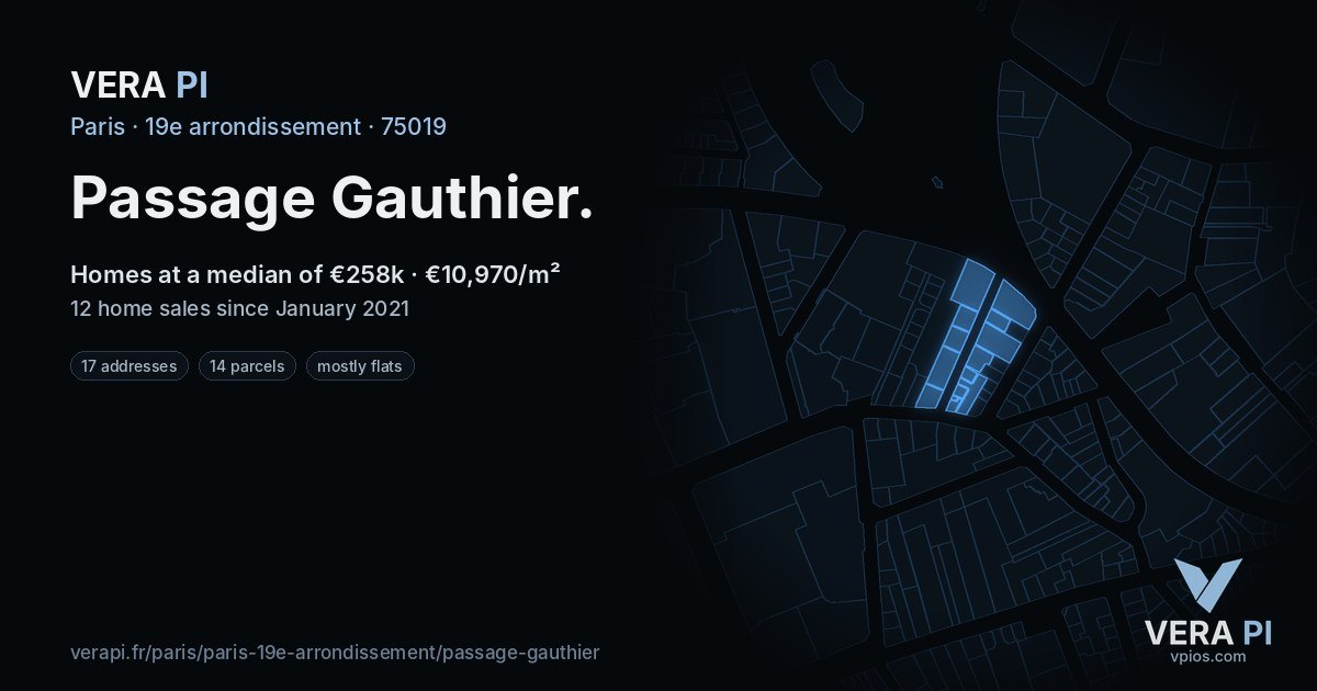Passage Gauthier, 19e arrondissement at night – every parcel coloured by the prices around it, the street's own parcels lit