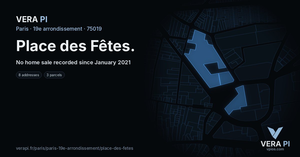 Place des Fêtes, 19e arrondissement at night – every parcel coloured by the prices around it, the street's own parcels lit
