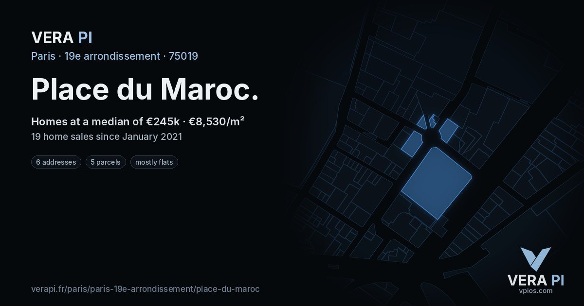 Place du Maroc, 19e arrondissement at night – every parcel coloured by the prices around it, the street's own parcels lit