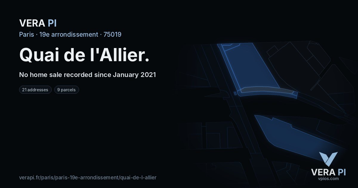 Quai de l'Allier, 19e arrondissement at night – every parcel coloured by the prices around it, the street's own parcels lit