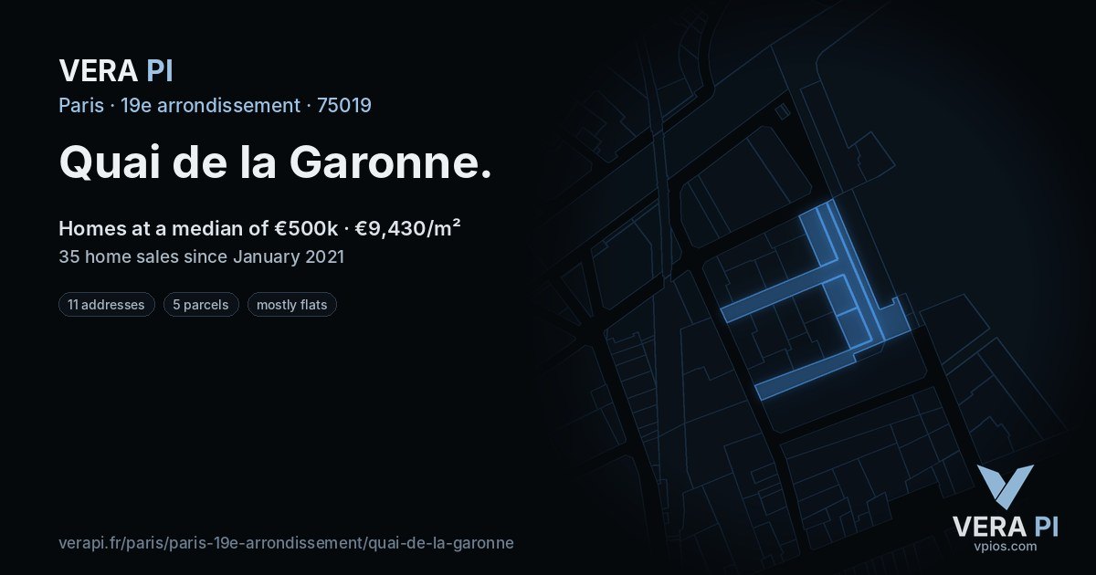 Quai de la Garonne, 19e arrondissement at night – every parcel coloured by the prices around it, the street's own parcels lit