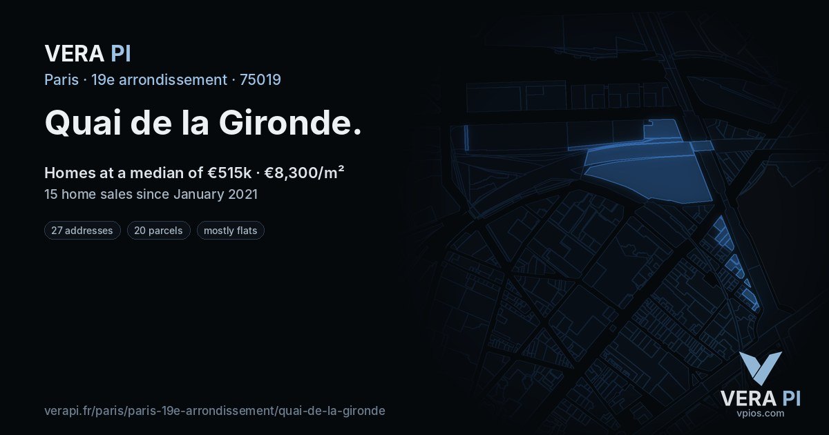 Quai de la Gironde, 19e arrondissement at night – every parcel coloured by the prices around it, the street's own parcels lit