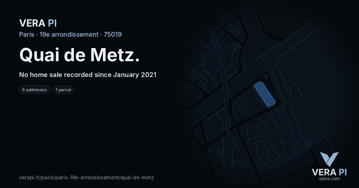 Quai de Metz, 19e arrondissement at night – every parcel coloured by the prices around it, the street's own parcels lit