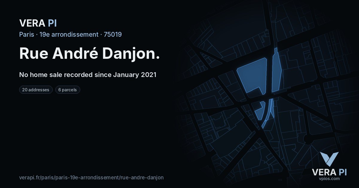 Rue André Danjon, 19e arrondissement at night – every parcel coloured by the prices around it, the street's own parcels lit