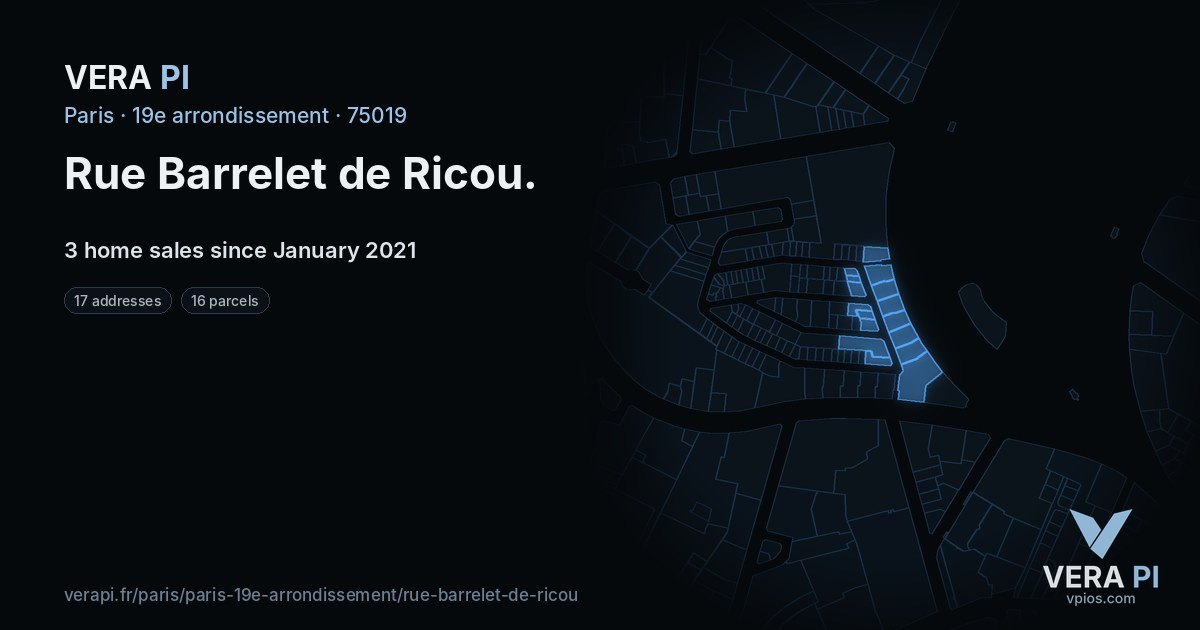 Rue Barrelet de Ricou, 19e arrondissement at night – every parcel coloured by the prices around it, the street's own parcels lit