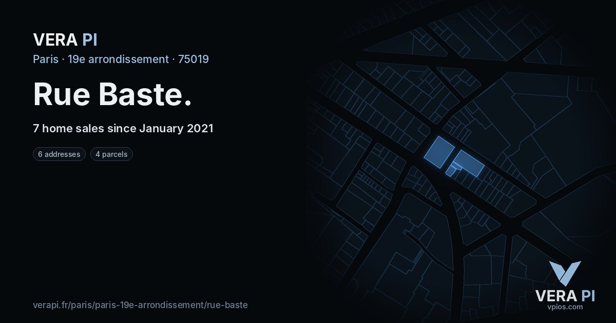 Rue Baste, 19e arrondissement at night – every parcel coloured by the prices around it, the street's own parcels lit