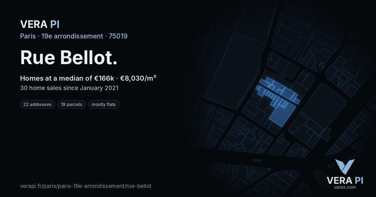 Rue Bellot, 19e arrondissement at night – every parcel coloured by the prices around it, the street's own parcels lit
