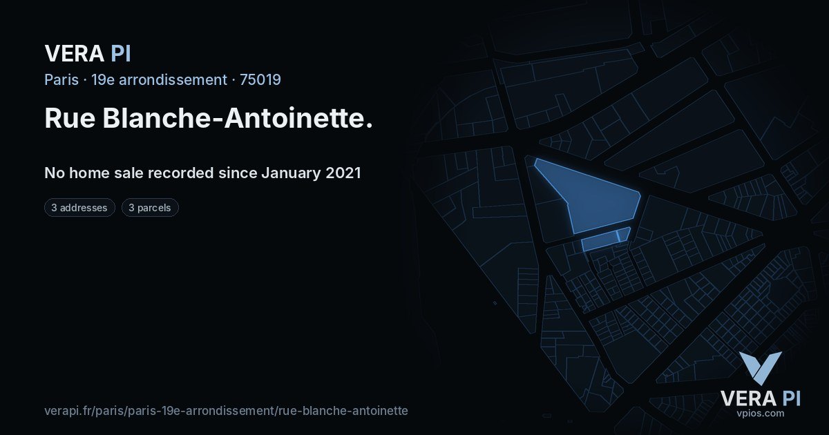 Rue Blanche-Antoinette, 19e arrondissement at night – every parcel coloured by the prices around it, the street's own parcels lit