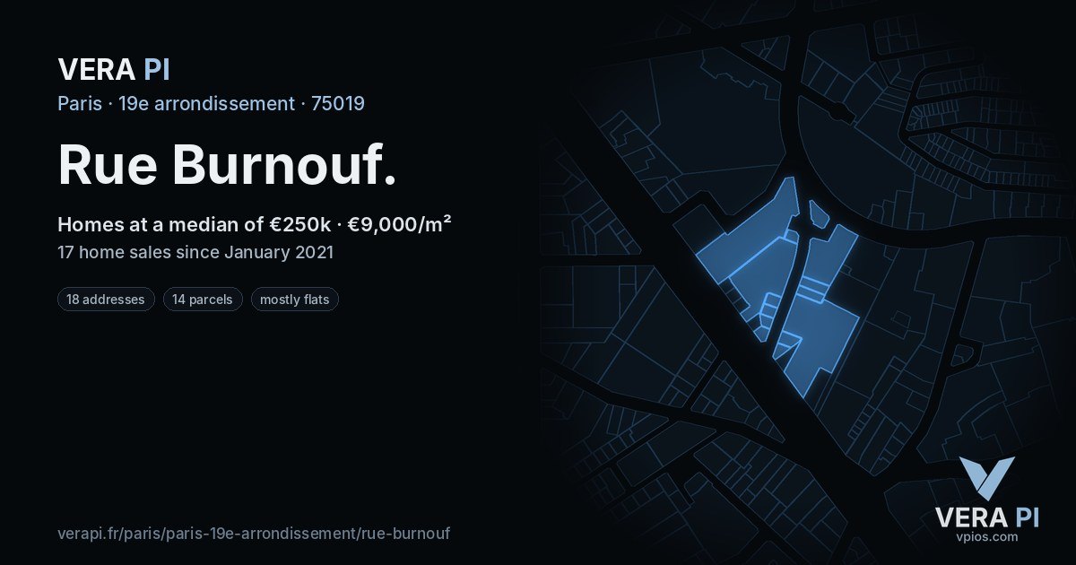 Rue Burnouf, 19e arrondissement at night – every parcel coloured by the prices around it, the street's own parcels lit