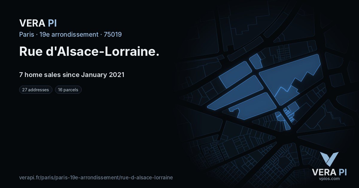 Rue d'Alsace-Lorraine, 19e arrondissement at night – every parcel coloured by the prices around it, the street's own parcels lit