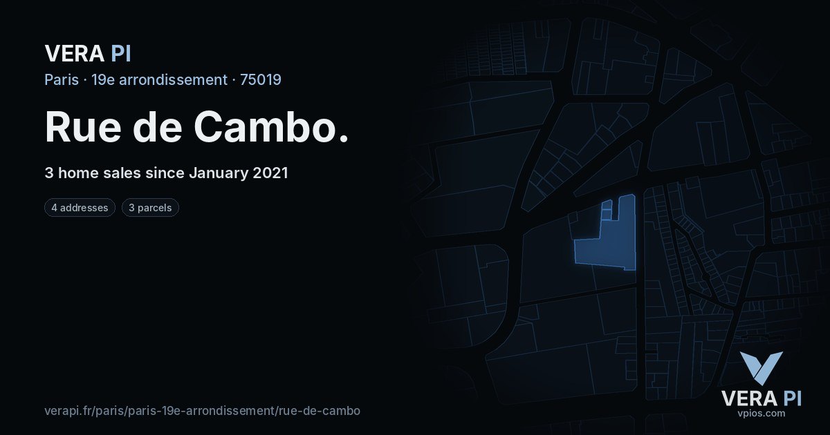 Rue de Cambo, 19e arrondissement at night – every parcel coloured by the prices around it, the street's own parcels lit