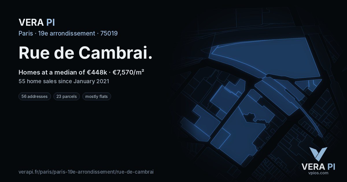 Rue de Cambrai, 19e arrondissement at night – every parcel coloured by the prices around it, the street's own parcels lit