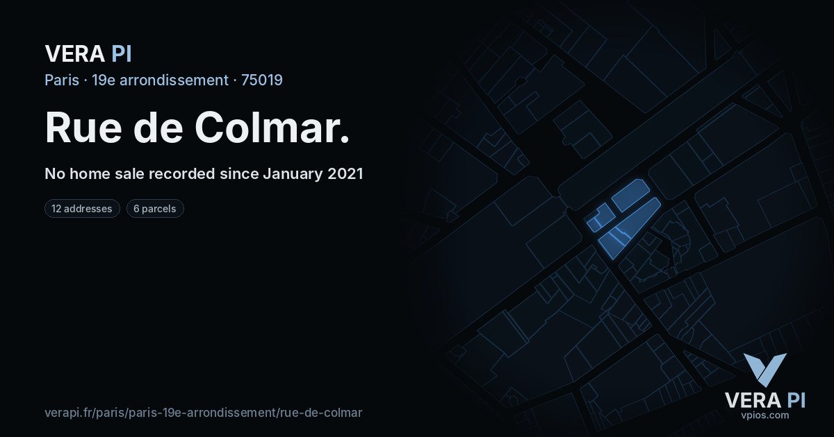 Rue de Colmar, 19e arrondissement at night – every parcel coloured by the prices around it, the street's own parcels lit