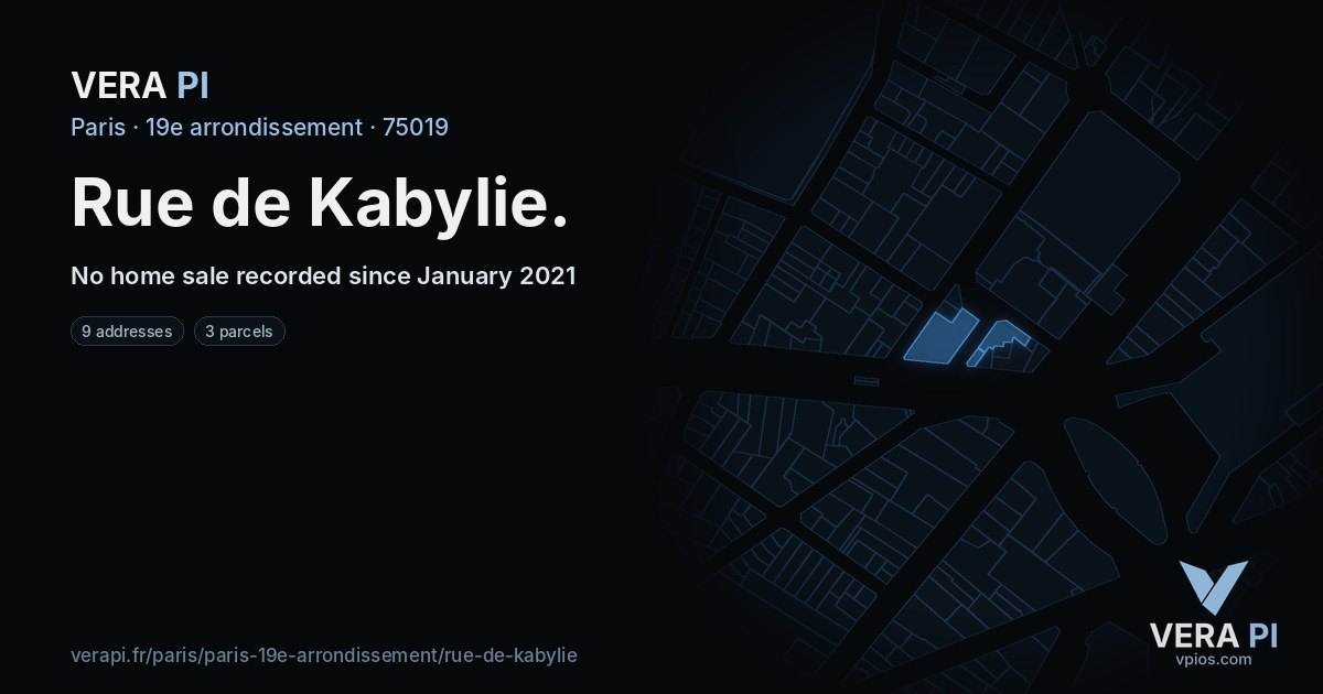 Rue de Kabylie, 19e arrondissement at night – every parcel coloured by the prices around it, the street's own parcels lit
