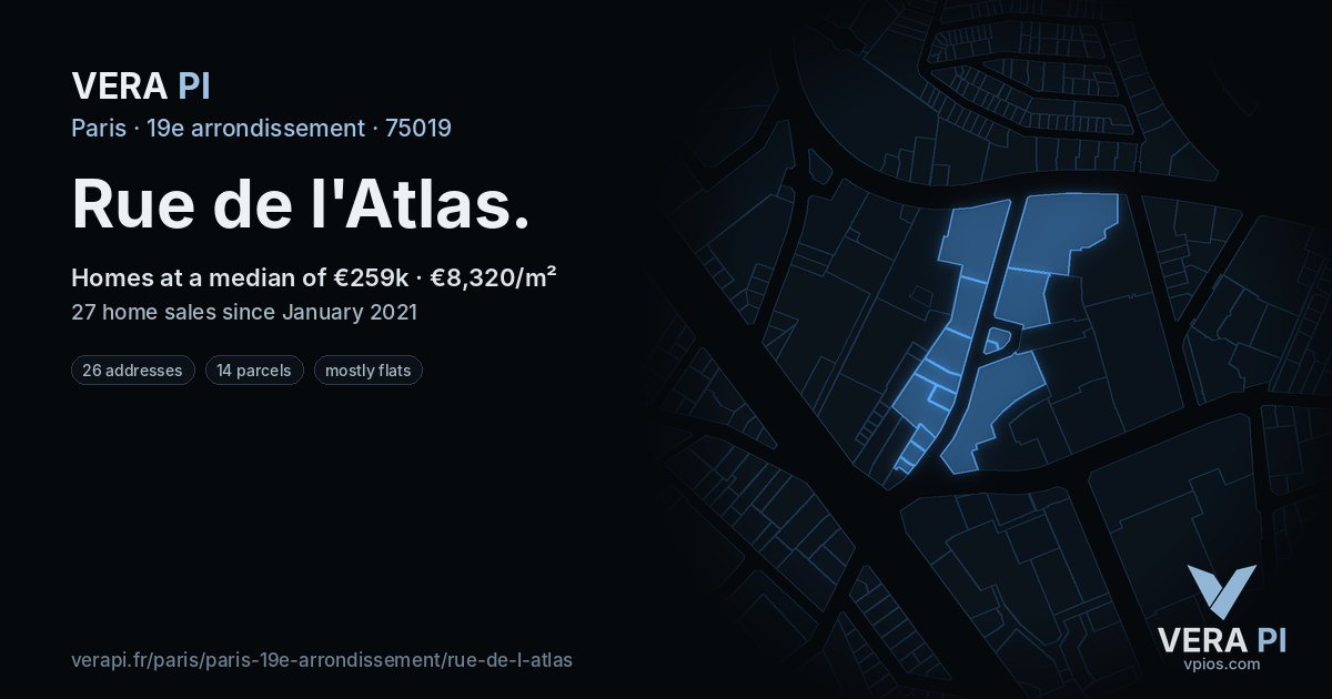 Rue de l'Atlas, 19e arrondissement at night – every parcel coloured by the prices around it, the street's own parcels lit