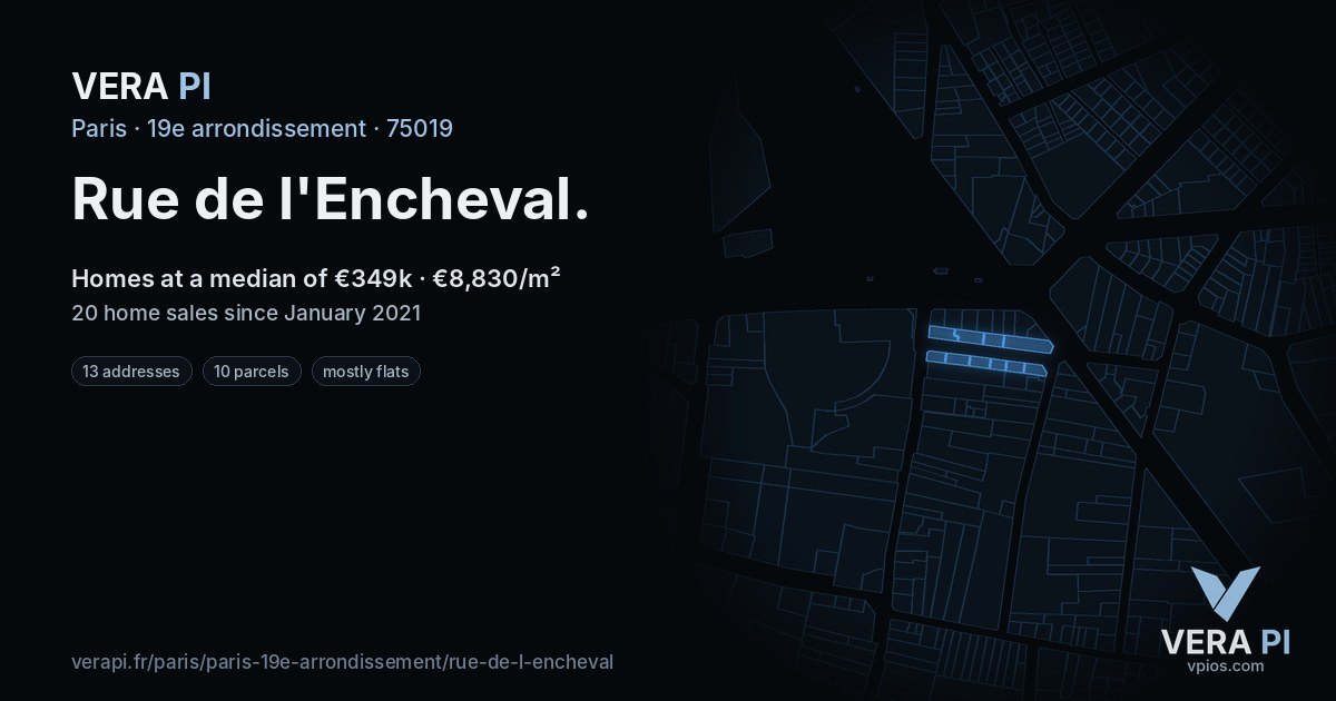 Rue de l'Encheval, 19e arrondissement at night – every parcel coloured by the prices around it, the street's own parcels lit