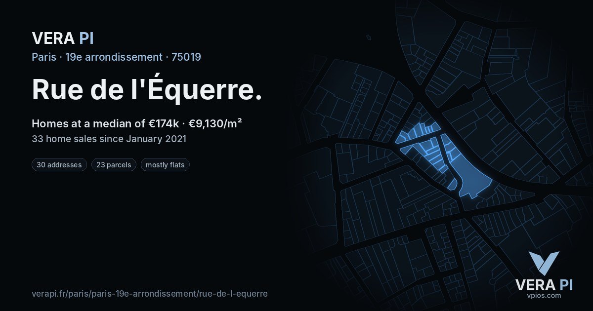 Rue de l'Équerre, 19e arrondissement at night – every parcel coloured by the prices around it, the street's own parcels lit