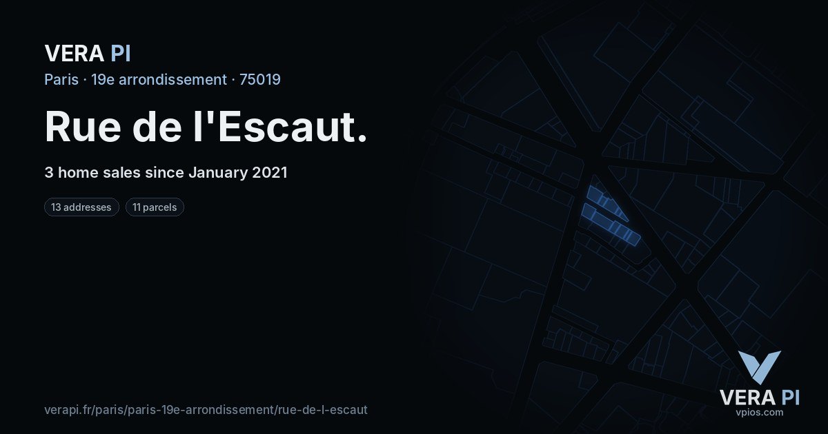 Rue de l'Escaut, 19e arrondissement at night – every parcel coloured by the prices around it, the street's own parcels lit