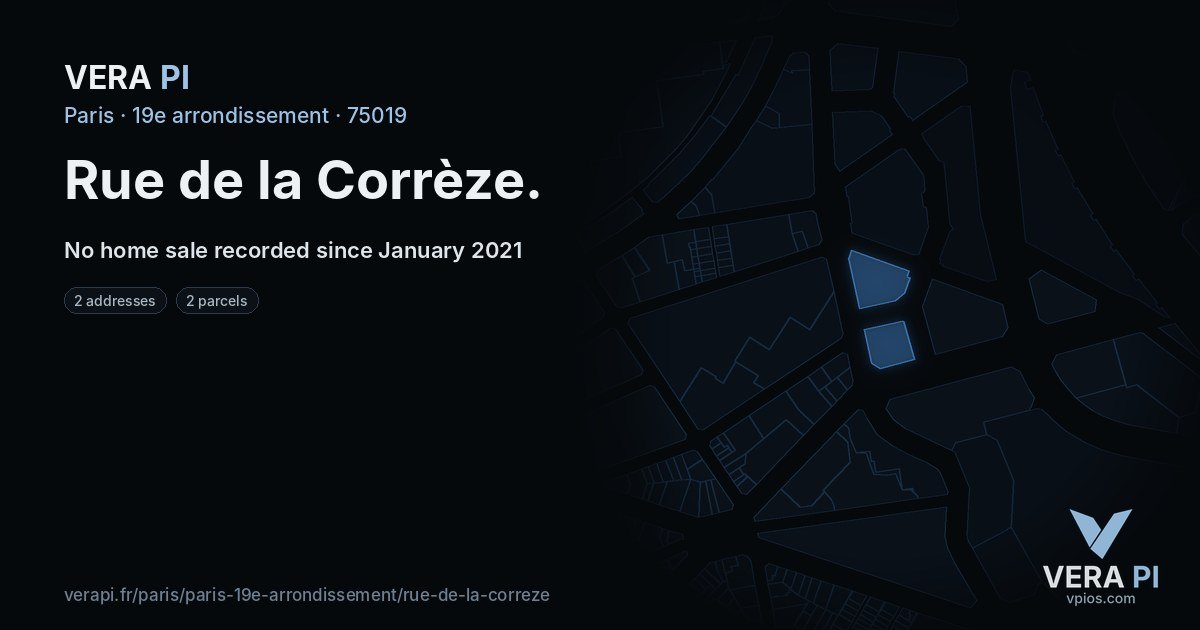 Rue de la Corrèze, 19e arrondissement at night – every parcel coloured by the prices around it, the street's own parcels lit