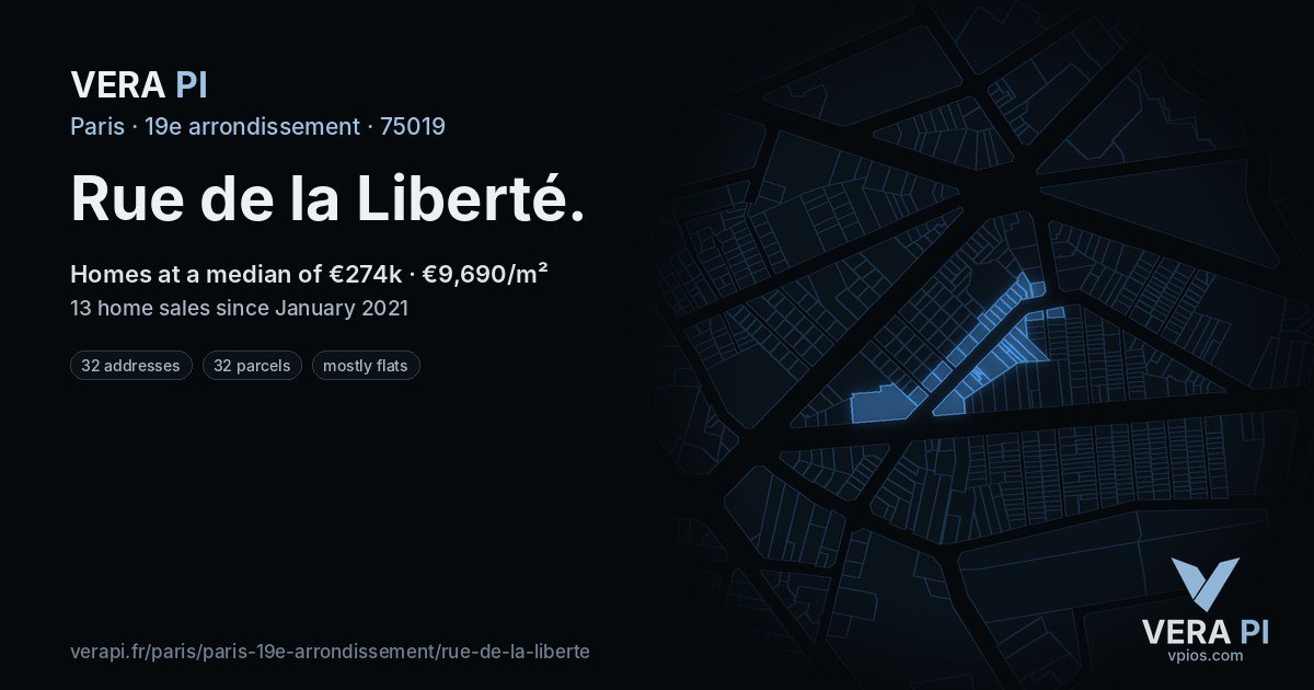 Rue de la Liberté, 19e arrondissement at night – every parcel coloured by the prices around it, the street's own parcels lit
