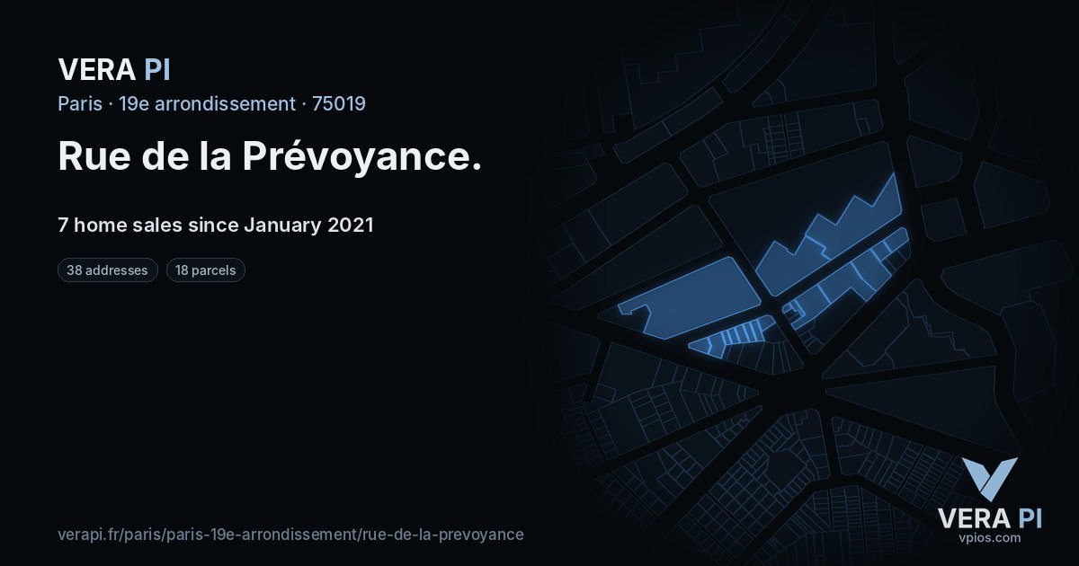 Rue de la Prévoyance, 19e arrondissement at night – every parcel coloured by the prices around it, the street's own parcels lit