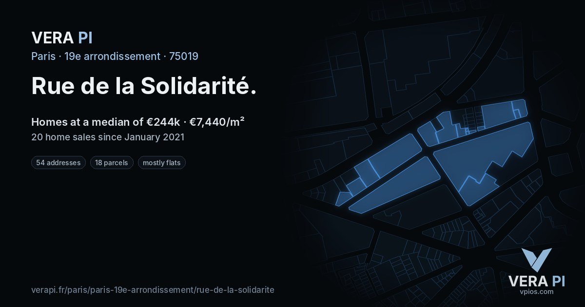 Rue de la Solidarité, 19e arrondissement at night – every parcel coloured by the prices around it, the street's own parcels lit
